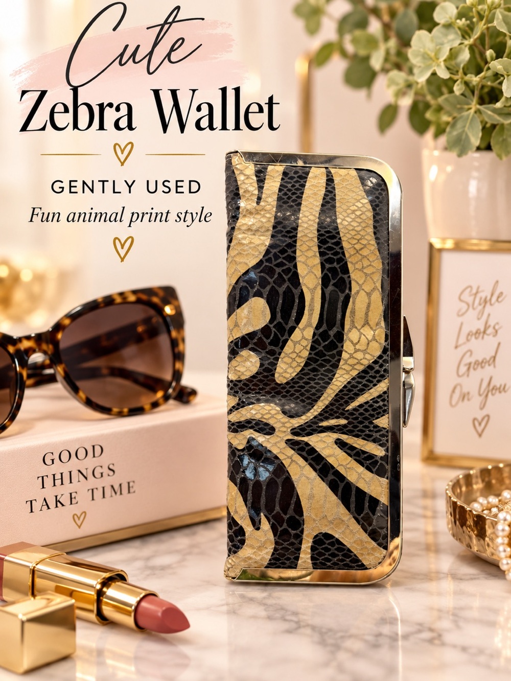 Retro Glam Cute Zebra Wallet - Black and Gold Animal Print